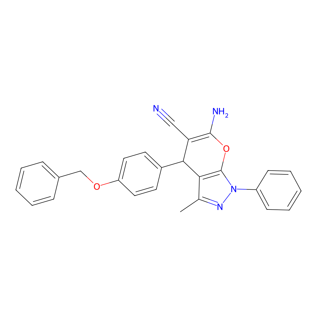 6-Amino-4-[4-(benzyloxy)phenyl]-3-methyl-1-phenyl-1,4-dihydropyrano[2,3-c]pyrazole-5-carbonitrile molecular structure, CAS 302796-66-3