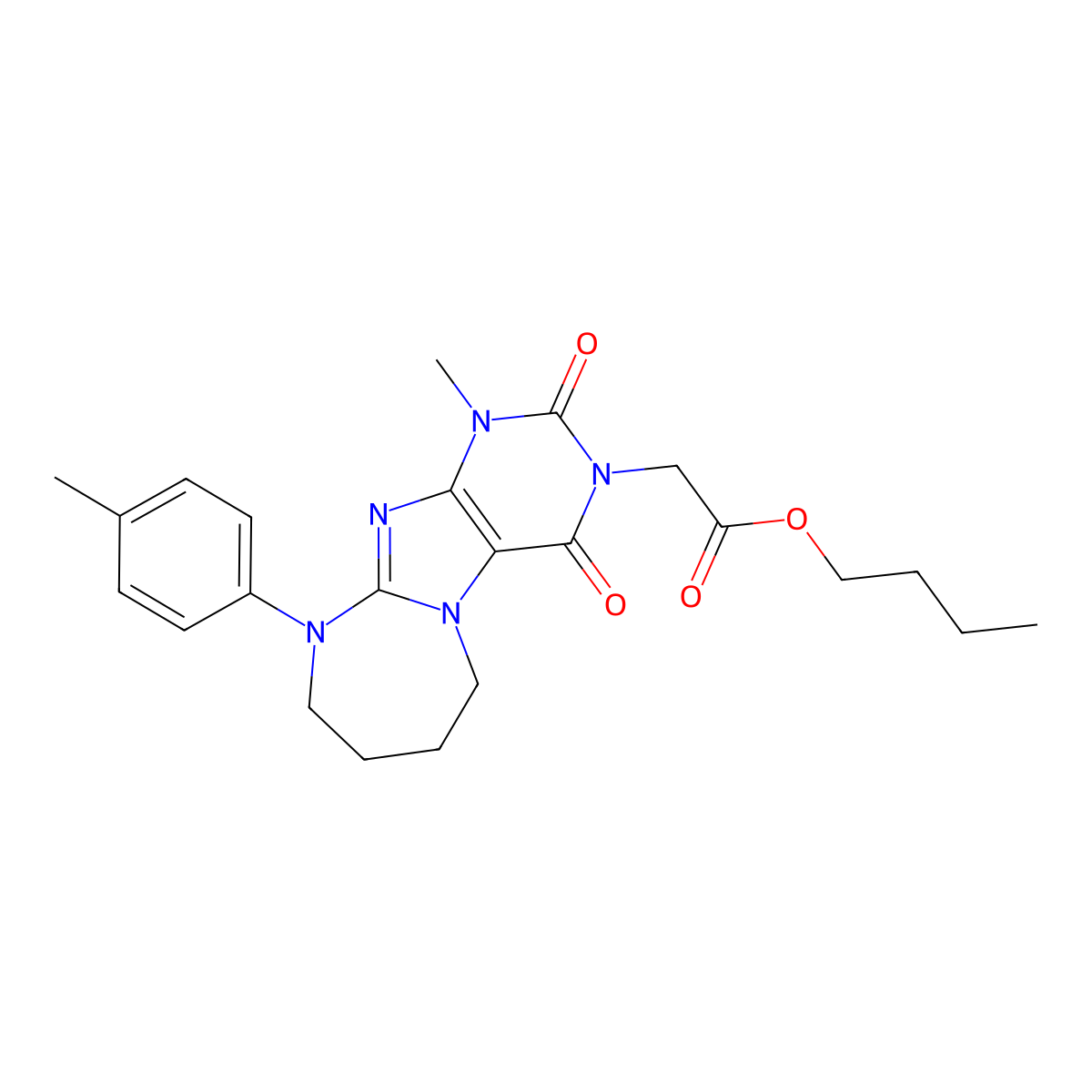 Butyl 2-[1-methyl-10-(4-methylphenyl)-2,4-dioxo-6,7,8,9-tetrahydropurino[7,8-a][1,3]diazepin-3-yl]acetate molecular structure, CAS 302796-74-3