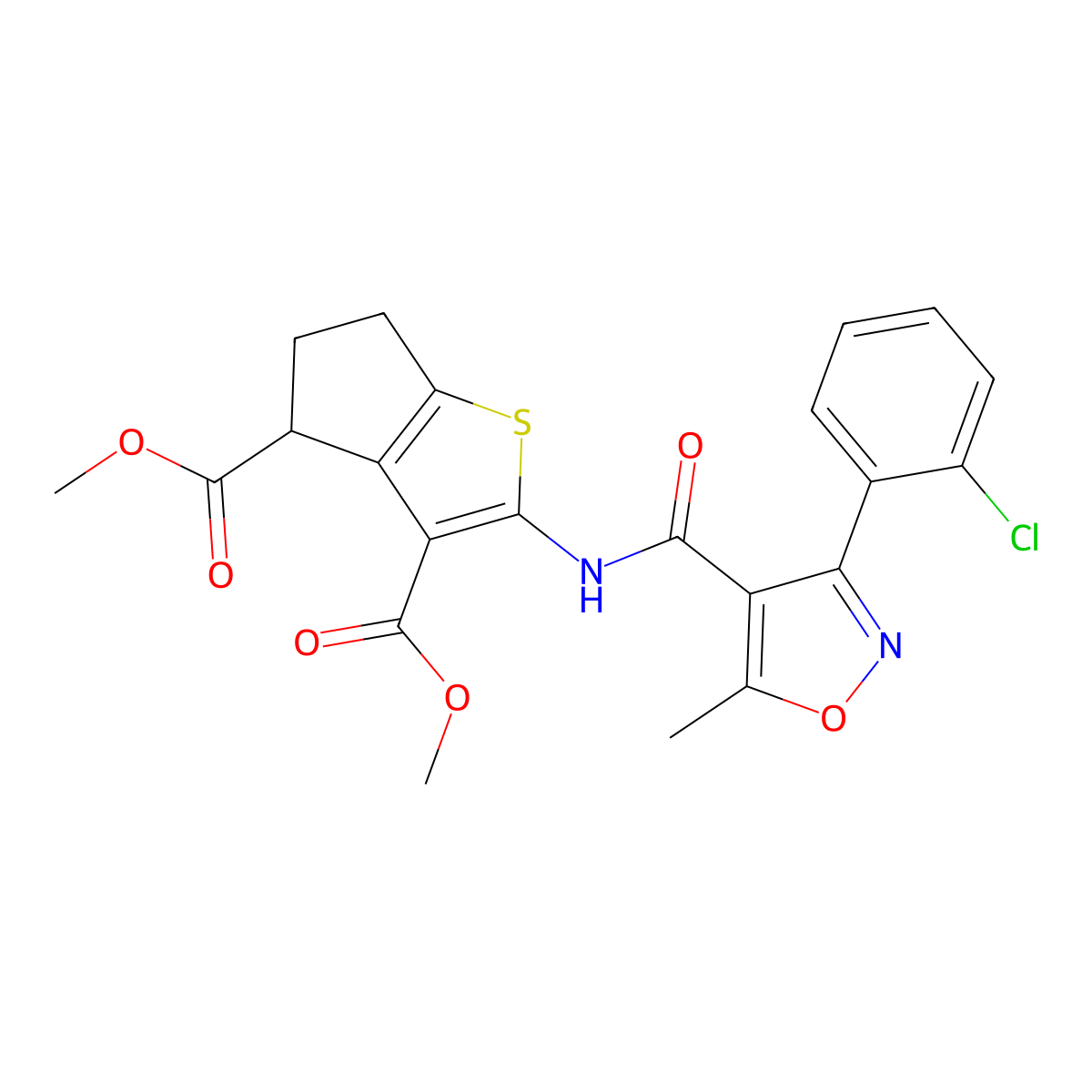 dimethyl 2-[[3-(2-chlorophenyl)-5-methyl-1,2-oxazole-4-carbonyl]amino]-5,6-dihydro-4H-cyclopenta[b]thiophene-3,4-dicarboxylate molecular structure, CAS 302802-66-0