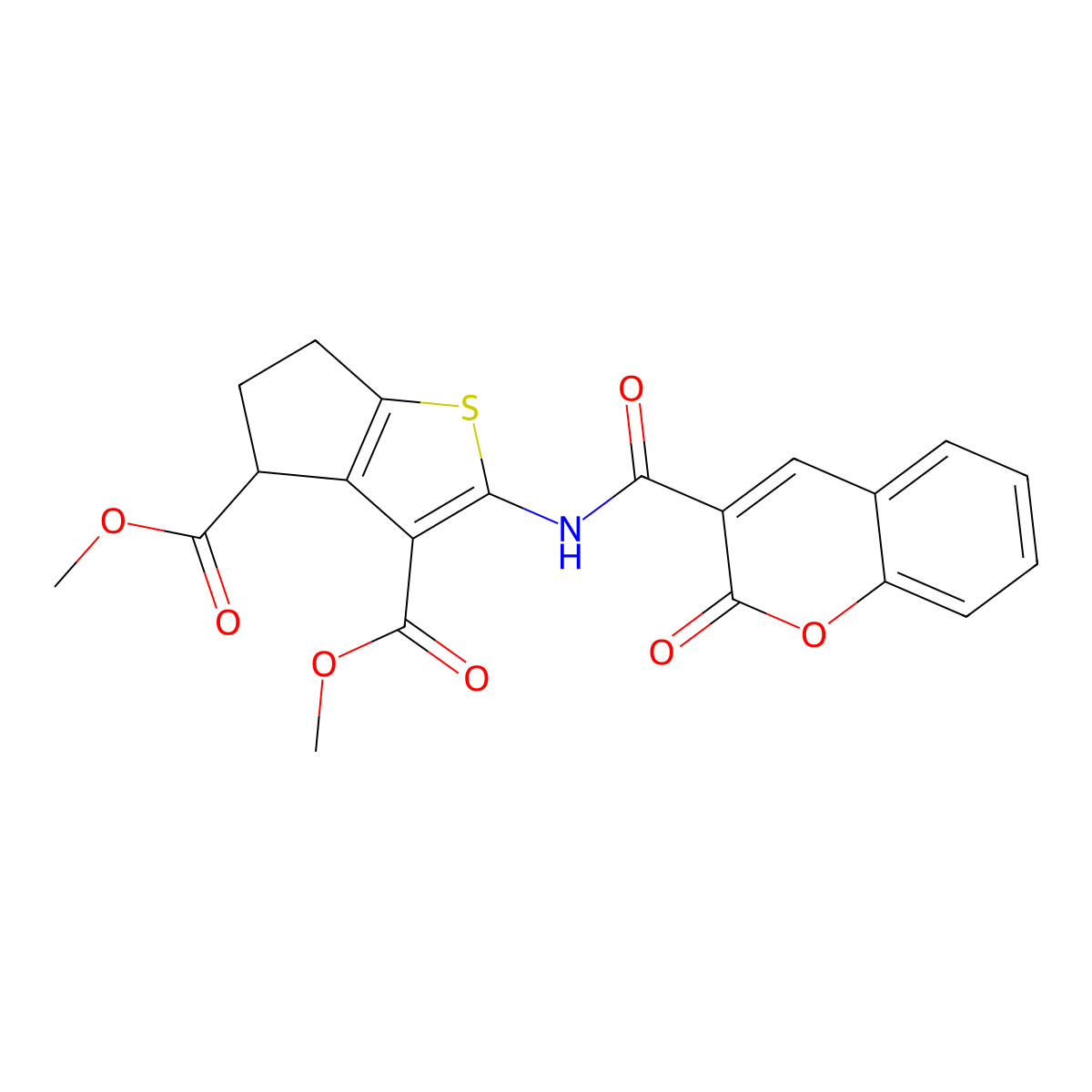 dimethyl 2-[(2-oxochromene-3-carbonyl)amino]-5,6-dihydro-4H-cyclopenta[b]thiophene-3,4-dicarboxylate molecular structure, CAS 302802-67-1