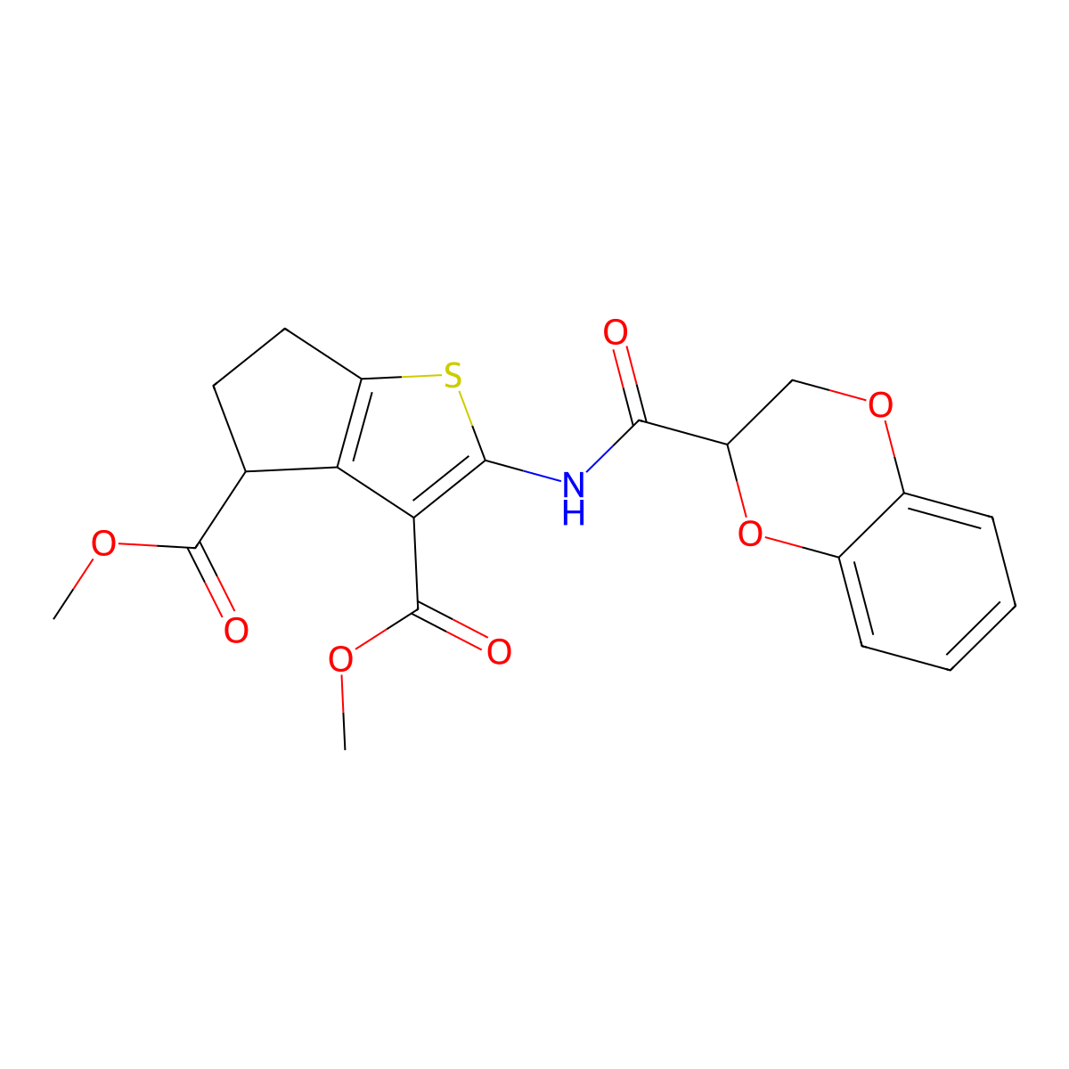 dimethyl 2-[(2,3-dihydro-1,4-benzodioxin-2-ylcarbonyl)amino]-5,6-dihydro-4H-cyclopenta[b]thiophene-3,4-dicarboxylate molecular structure, CAS 302802-68-2