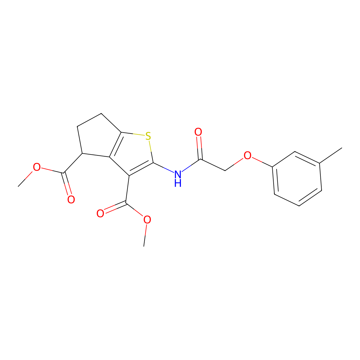 dimethyl 2-{[(3-methylphenoxy)acetyl]amino}-5,6-dihydro-4H-cyclopenta[b]thiophene-3,4-dicarboxylate molecular structure, CAS 302802-70-6
