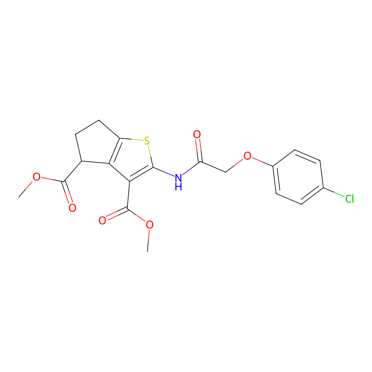 dimethyl 2-{[(4-chlorophenoxy)acetyl]amino}-5,6-dihydro-4H-cyclopenta[b]thiophene-3,4-dicarboxylate molecular structure, CAS 302802-71-7
