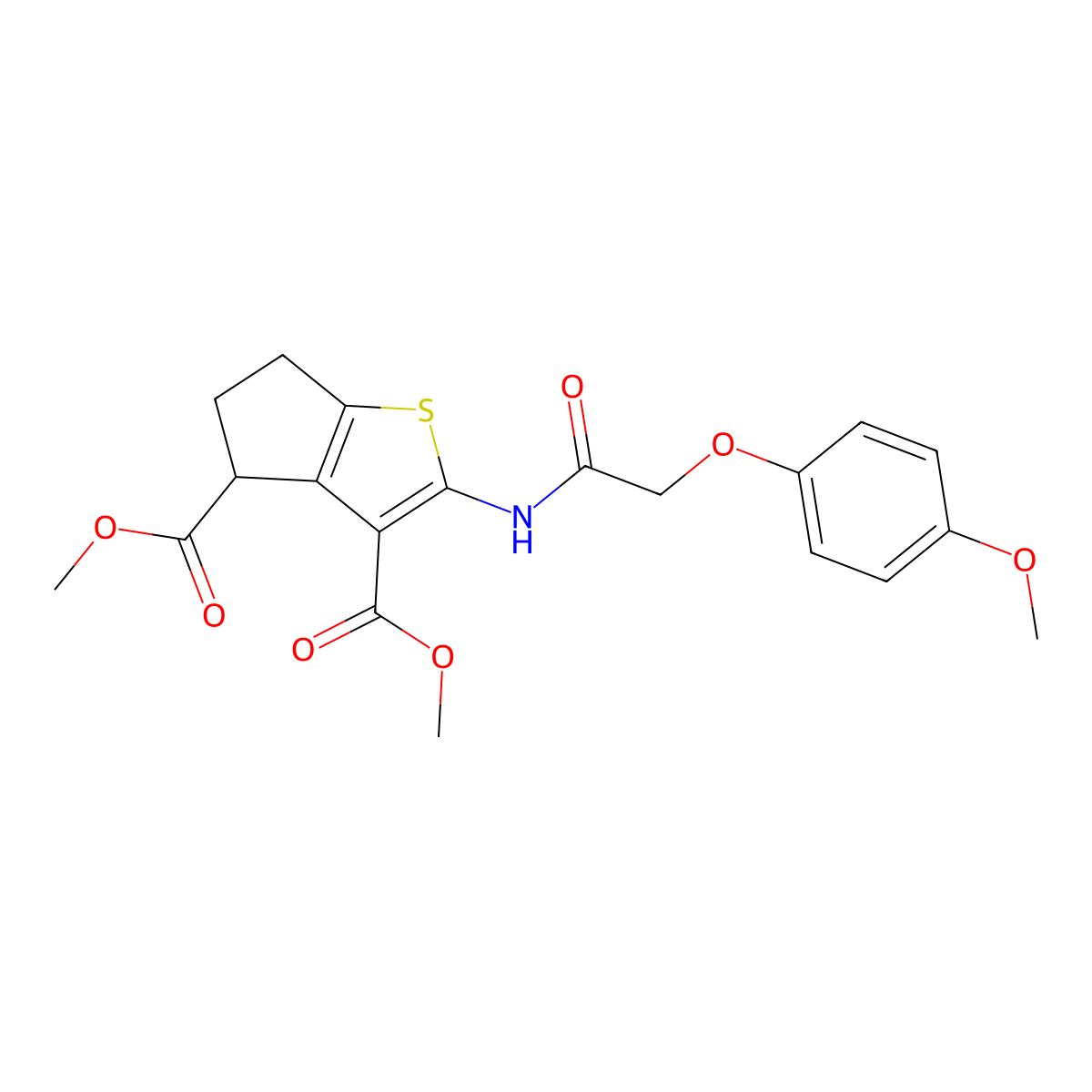 dimethyl 2-{[(4-methoxyphenoxy)acetyl]amino}-5,6-dihydro-4H-cyclopenta[b]thiophene-3,4-dicarboxylate molecular structure, CAS 302802-73-9