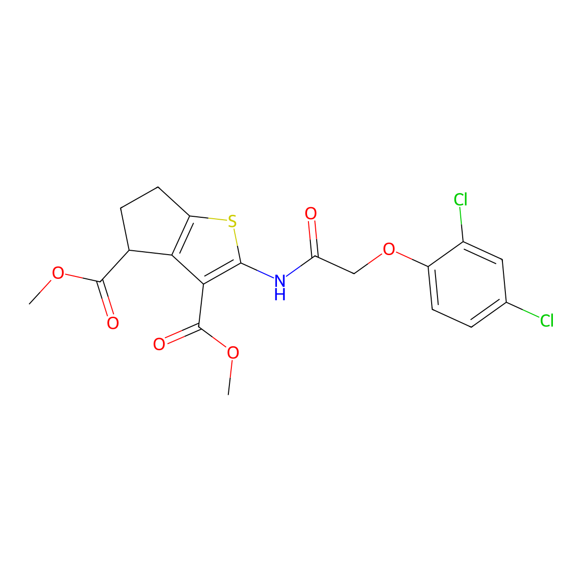 dimethyl 2-[[2-(2,4-dichlorophenoxy)acetyl]amino]-5,6-dihydro-4H-cyclopenta[b]thiophene-3,4-dicarboxylate molecular structure, CAS 302802-74-0