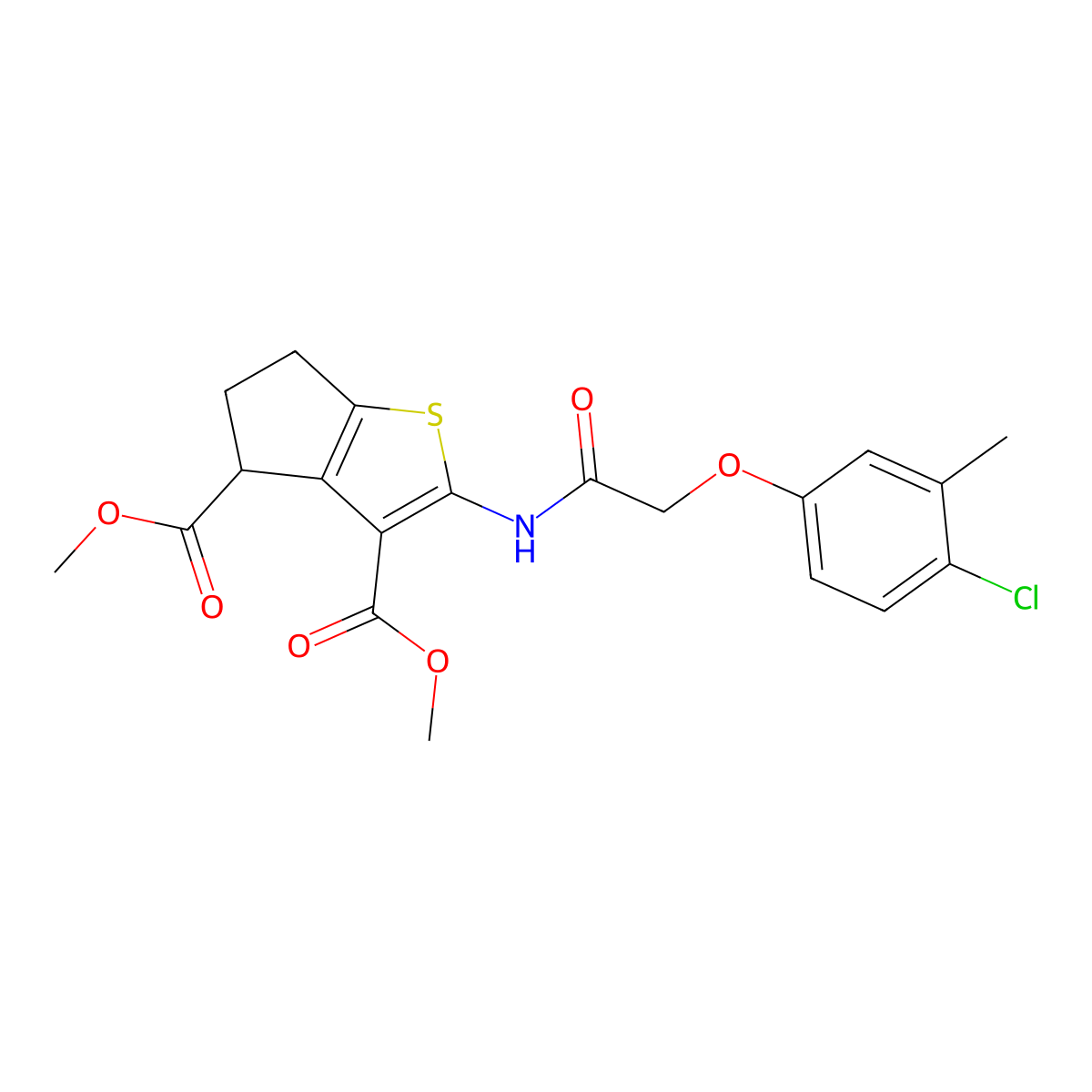 dimethyl 2-{[(4-chloro-3-methylphenoxy)acetyl]amino}-5,6-dihydro-4H-cyclopenta[b]thiophene-3,4-dicarboxylate molecular structure, CAS 302802-77-3