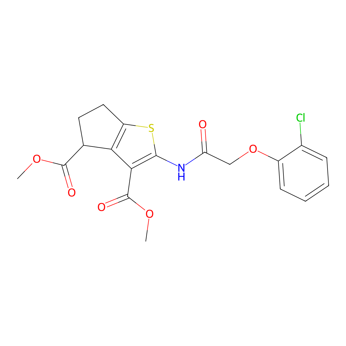 dimethyl 2-{[(2-chlorophenoxy)acetyl]amino}-5,6-dihydro-4H-cyclopenta[b]thiophene-3,4-dicarboxylate molecular structure, CAS 302802-80-8