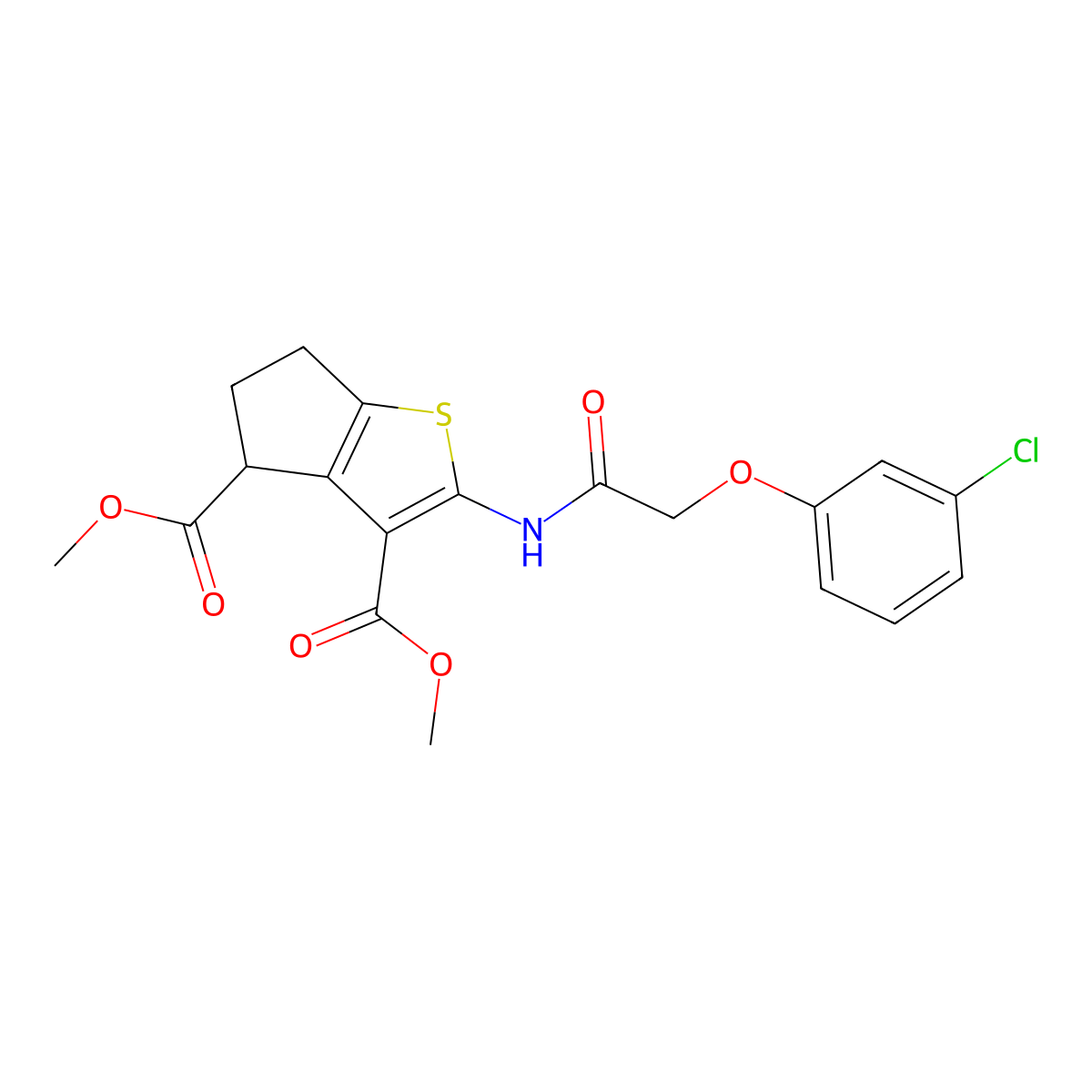 dimethyl 2-{[(3-chlorophenoxy)acetyl]amino}-5,6-dihydro-4H-cyclopenta[b]thiophene-3,4-dicarboxylate molecular structure, CAS 302802-81-9