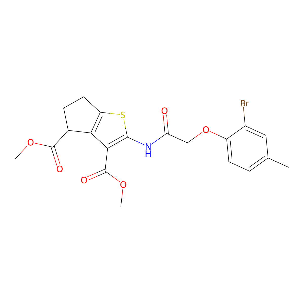dimethyl 2-{[(2-bromo-4-methylphenoxy)acetyl]amino}-5,6-dihydro-4H-cyclopenta[b]thiophene-3,4-dicarboxylate molecular structure, CAS 302802-84-2
