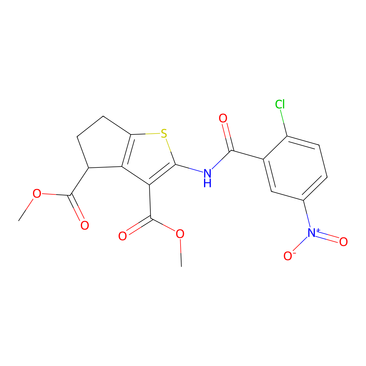 dimethyl 2-[(2-chloro-5-nitrobenzoyl)amino]-5,6-dihydro-4H-cyclopenta[b]thiophene-3,4-dicarboxylate molecular structure, CAS 302802-88-6