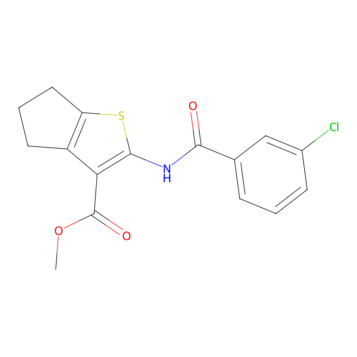 methyl 2-[(3-chlorobenzoyl)amino]-5,6-dihydro-4H-cyclopenta[b]thiophene-3-carboxylate molecular structure, CAS 302803-03-8