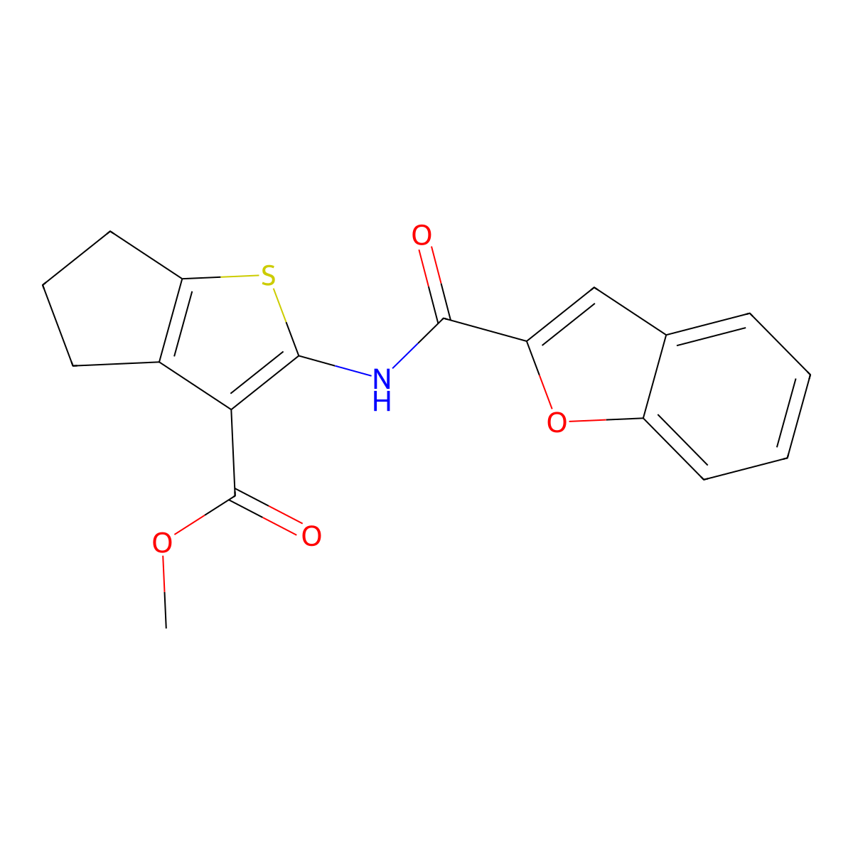 methyl 2-[(1-benzofuran-2-ylcarbonyl)amino]-5,6-dihydro-4H-cyclopenta[b]thiophene-3-carboxylate molecular structure, CAS 302803-17-4