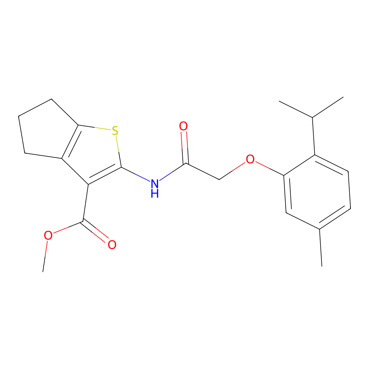 methyl 2-{[(2-isopropyl-5-methylphenoxy)acetyl]amino}-5,6-dihydro-4H-cyclopenta[b]thiophene-3-carboxylate molecular structure, CAS 302803-21-0