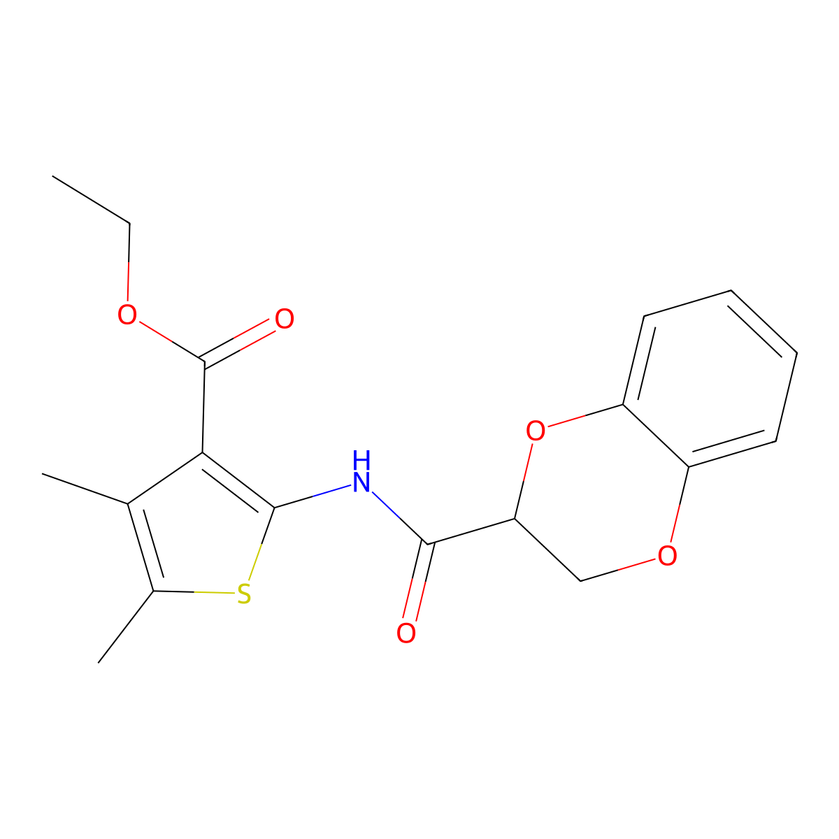 Ethyl 2-[(2,3-dihydro-1,4-benzodioxin-2-ylcarbonyl)amino]-4,5-dimethylthiophene-3-carboxylate molecular structure, CAS 302803-43-6