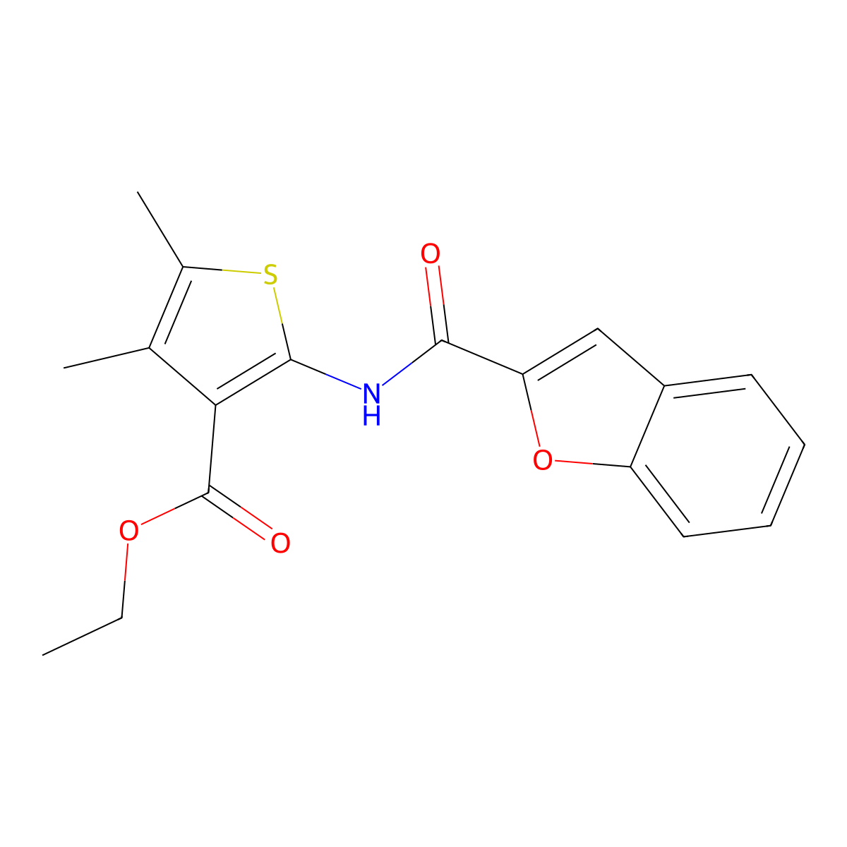 Ethyl 2-[(1-benzofuran-2-ylcarbonyl)amino]-4,5-dimethylthiophene-3-carboxylate molecular structure, CAS 302803-44-7