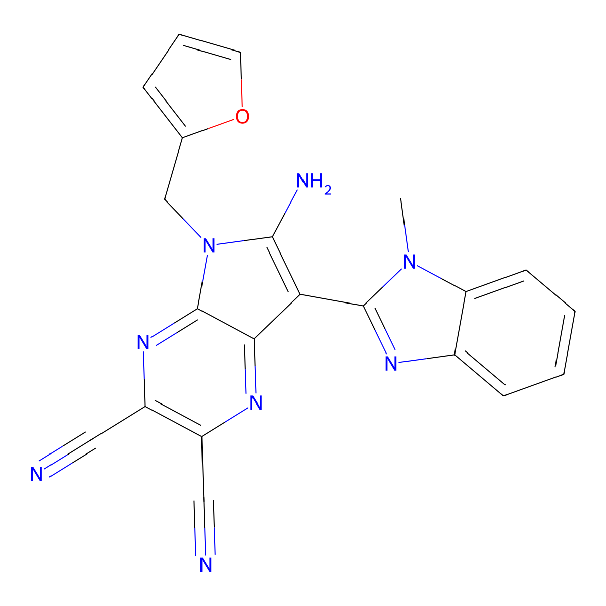 6-amino-5-(furan-2-ylmethyl)-7-(1-methyl-1H-benzimidazol-2-yl)-5H-pyrrolo[2,3-b]pyrazine-2,3-dicarbonitrile molecular structure, CAS 302804-08-6