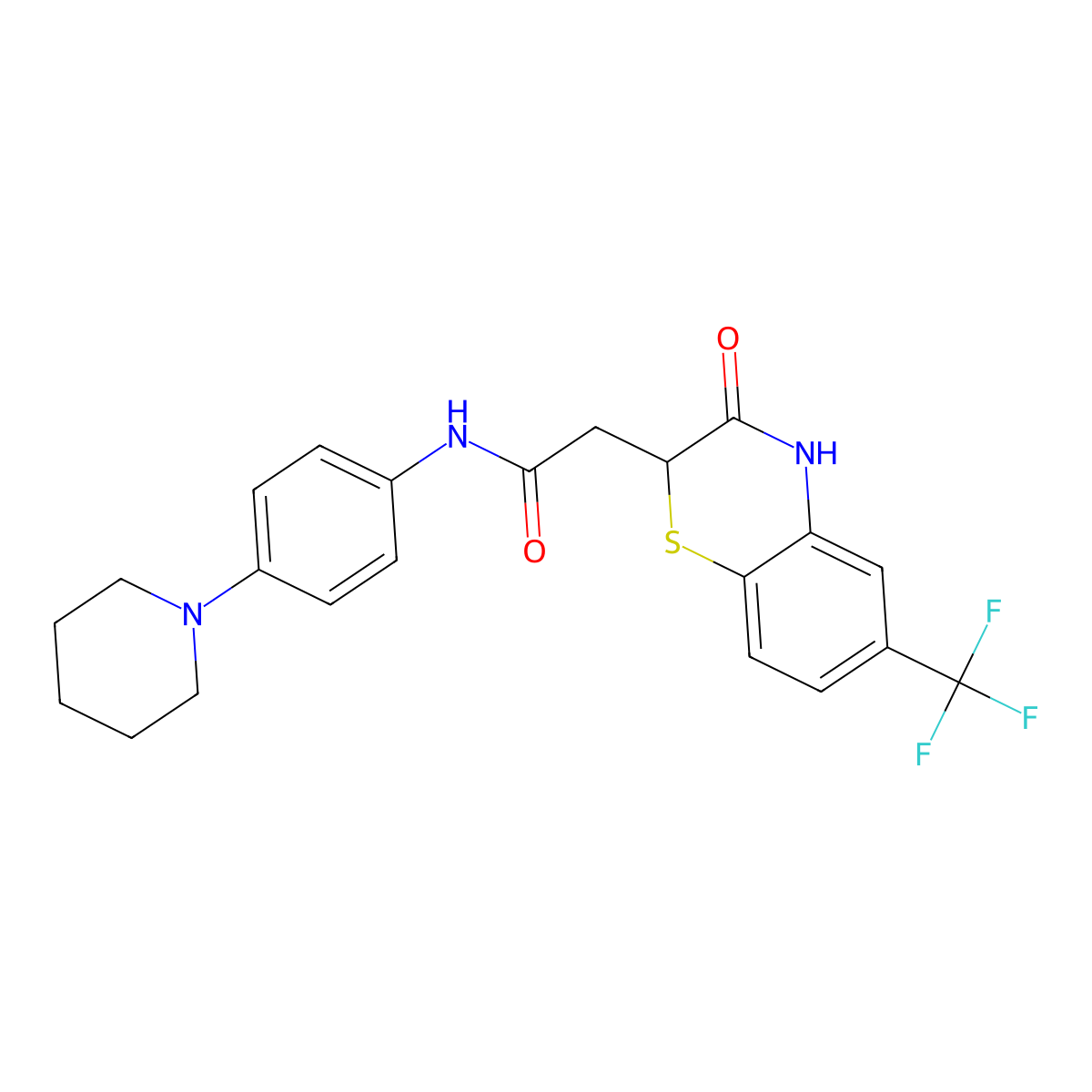 2-(3-oxo-6-(trifluoromethyl)-3,4-dihydro-2H-benzo[b][1,4]thiazin-2-yl)-N-(4-(piperidin-1-yl)phenyl)acetamide molecular structure, CAS 302804-30-4
