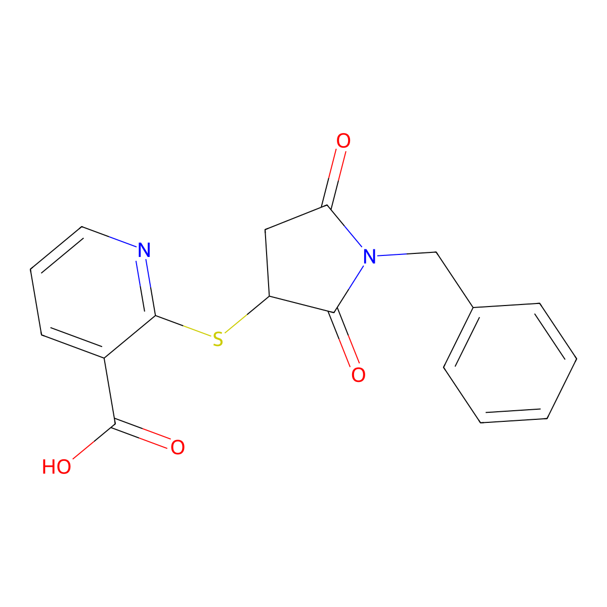 2-((1-Benzyl-2,5-dioxopyrrolidin-3-yl)thio)nicotinic acid molecular structure, CAS 302804-32-6