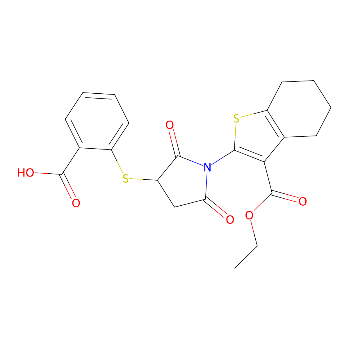 2-({1-[3-(Ethoxycarbonyl)-4,5,6,7-tetrahydro-1-benzothiophen-2-yl]-2,5-dioxopyrrolidin-3-yl}sulfanyl)benzoic acid molecular structure, CAS 302804-33-7