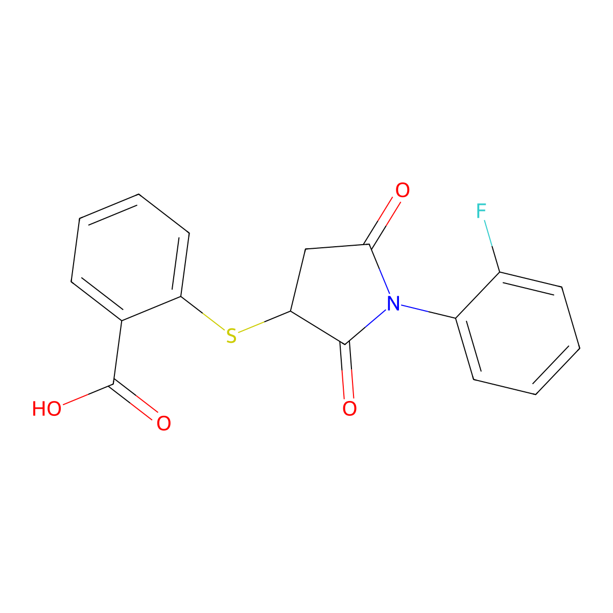 2-{[1-(2-Fluorophenyl)-2,5-dioxopyrrolidin-3-yl]sulfanyl}benzoic acid molecular structure, CAS 302804-34-8
