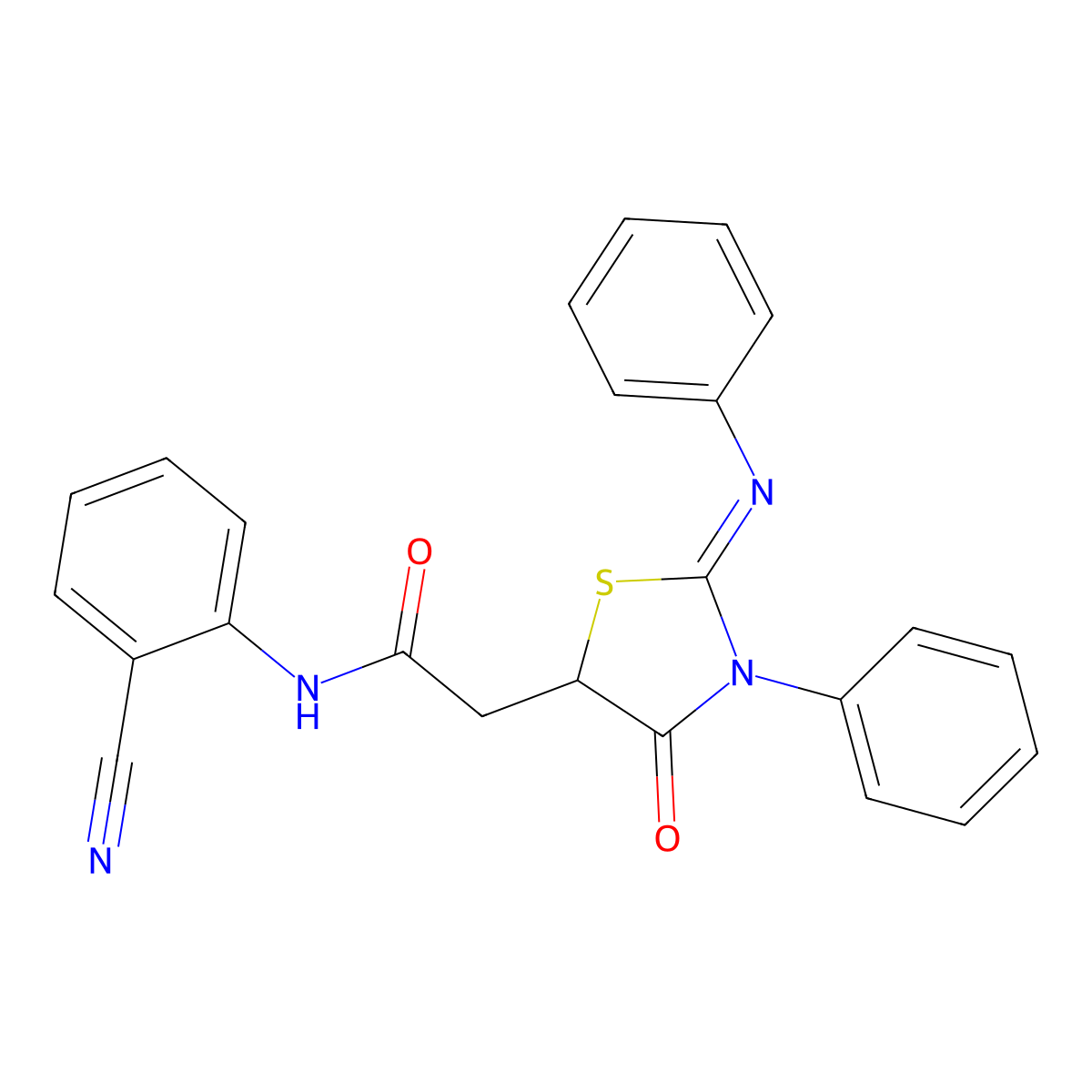 N-(2-cyanophenyl)-2-[(2E)-4-oxo-3-phenyl-2-(phenylimino)-1,3-thiazolidin-5-yl]acetamide molecular structure, CAS 302804-55-3