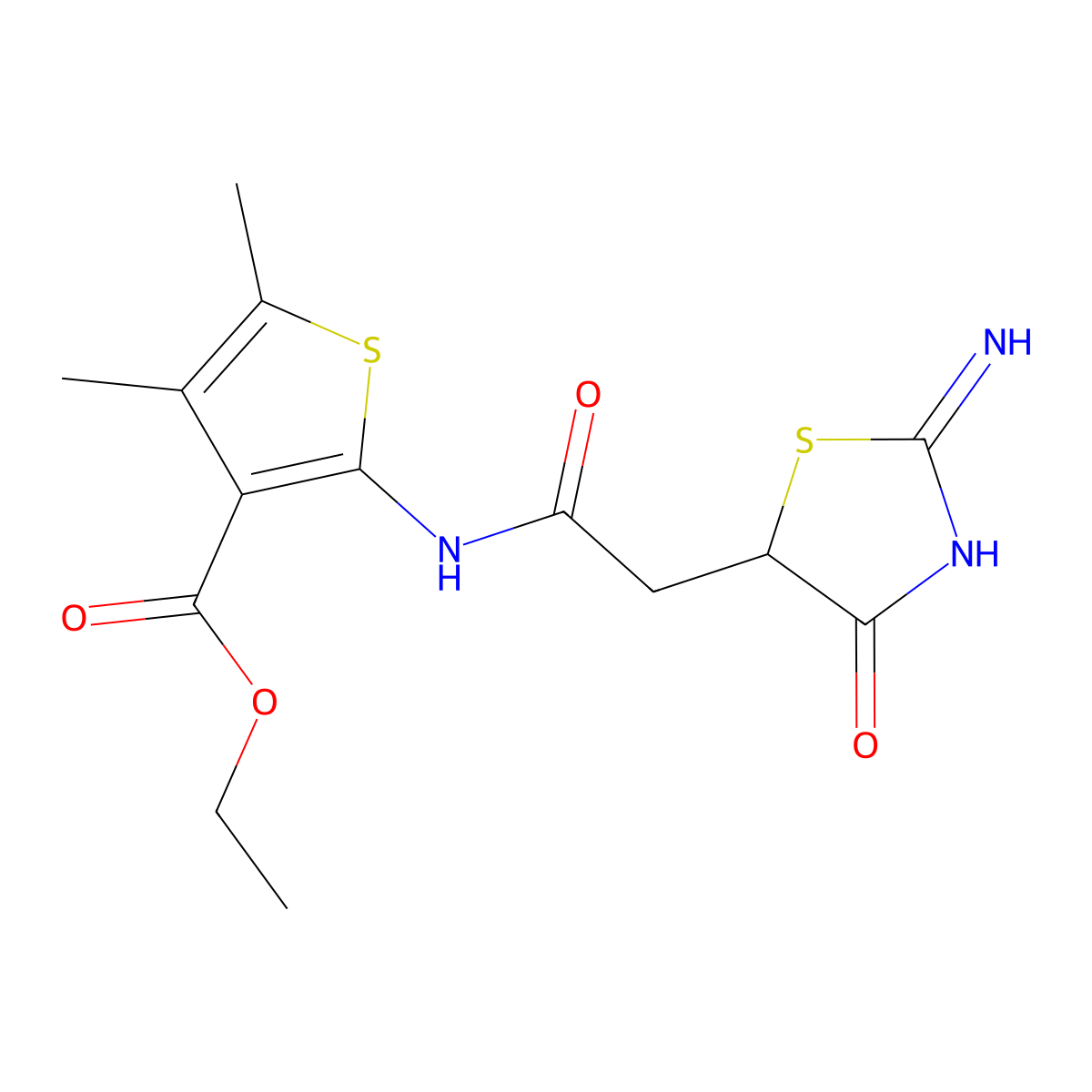 Ethyl 2-(2-(2-imino-4-oxothiazolidin-5-yl)acetamido)-4,5-dimethylthiophene-3-carboxylate molecular structure, CAS 302804-57-5