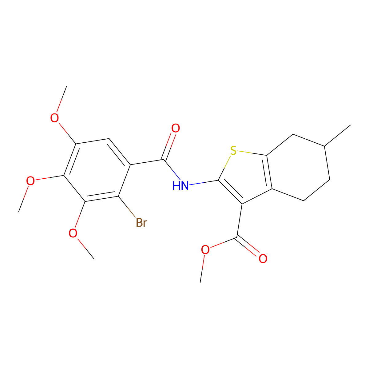 Methyl 2-[(2-bromo-3,4,5-trimethoxybenzoyl)amino]-6-methyl-4,5,6,7-tetrahydro-1-benzothiophene-3-carboxylate molecular structure, CAS 302805-72-7