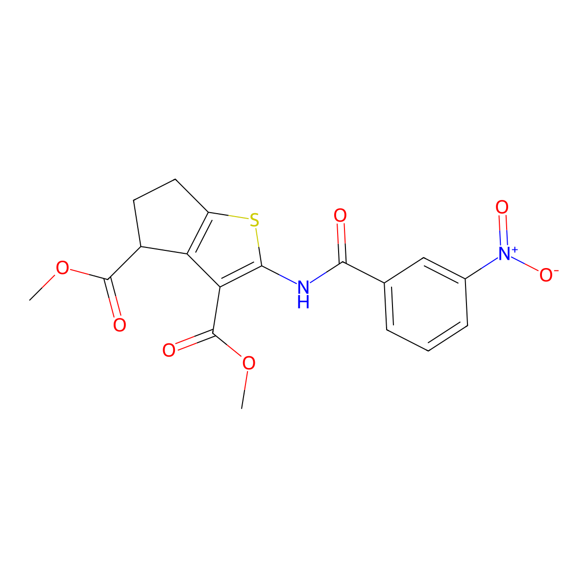dimethyl 2-[(3-nitrobenzoyl)amino]-5,6-dihydro-4H-cyclopenta[b]thiophene-3,4-dicarboxylate molecular structure, CAS 302806-24-2