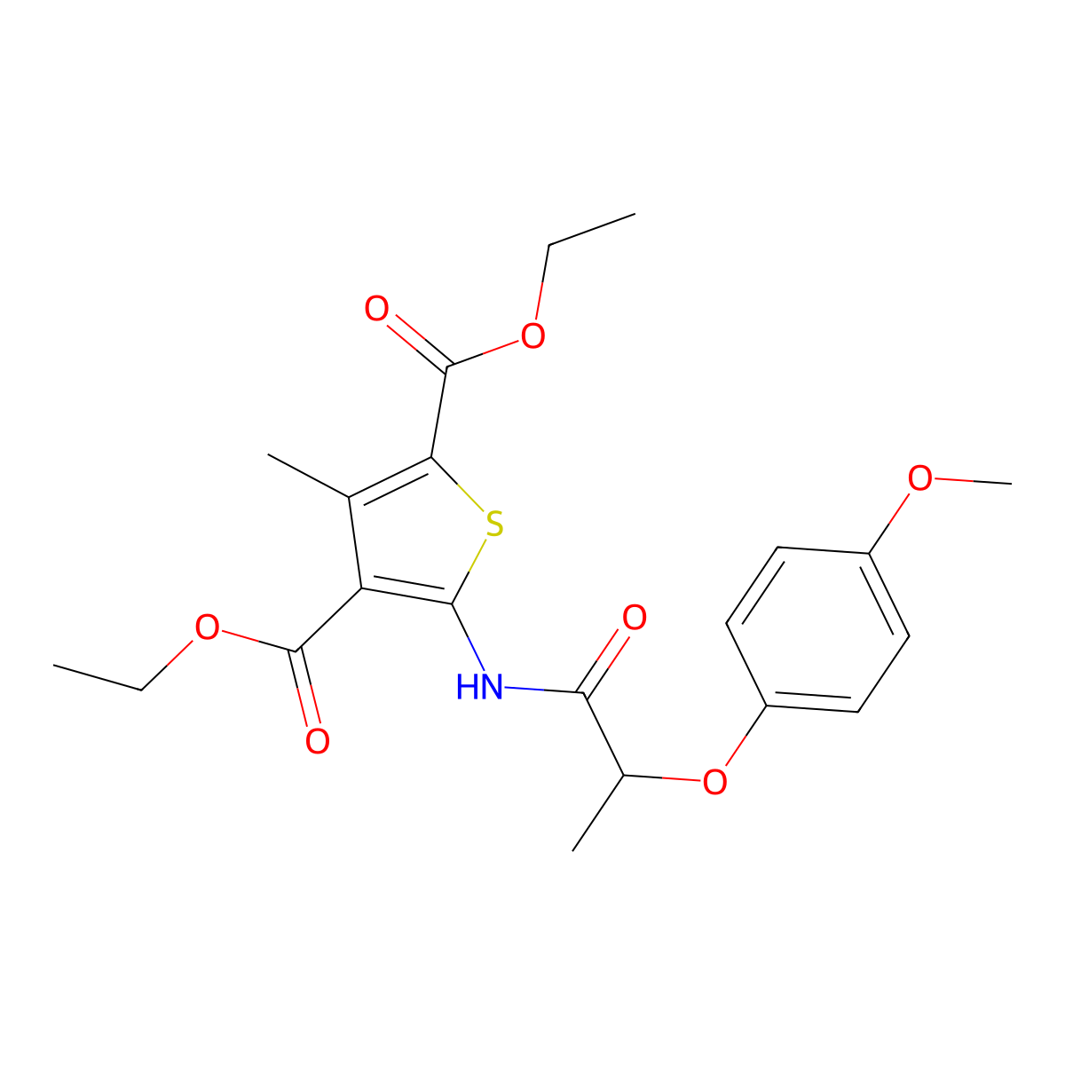 Diethyl 5-{[2-(4-methoxyphenoxy)propanoyl]amino}-3-methylthiophene-2,4-dicarboxylate molecular structure, CAS 302807-00-7
