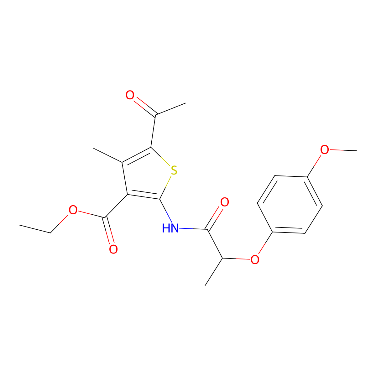 Ethyl 5-acetyl-2-{[2-(4-methoxyphenoxy)propanoyl]amino}-4-methylthiophene-3-carboxylate molecular structure, CAS 302807-01-8