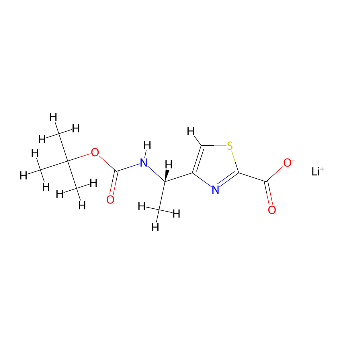 lithium(1+) 4-[(1S)-1-{[(tert-butoxy)carbonyl]amino}ethyl]-1,3-thiazole-2-carboxylate molecular structure, CAS 3028132-92-2