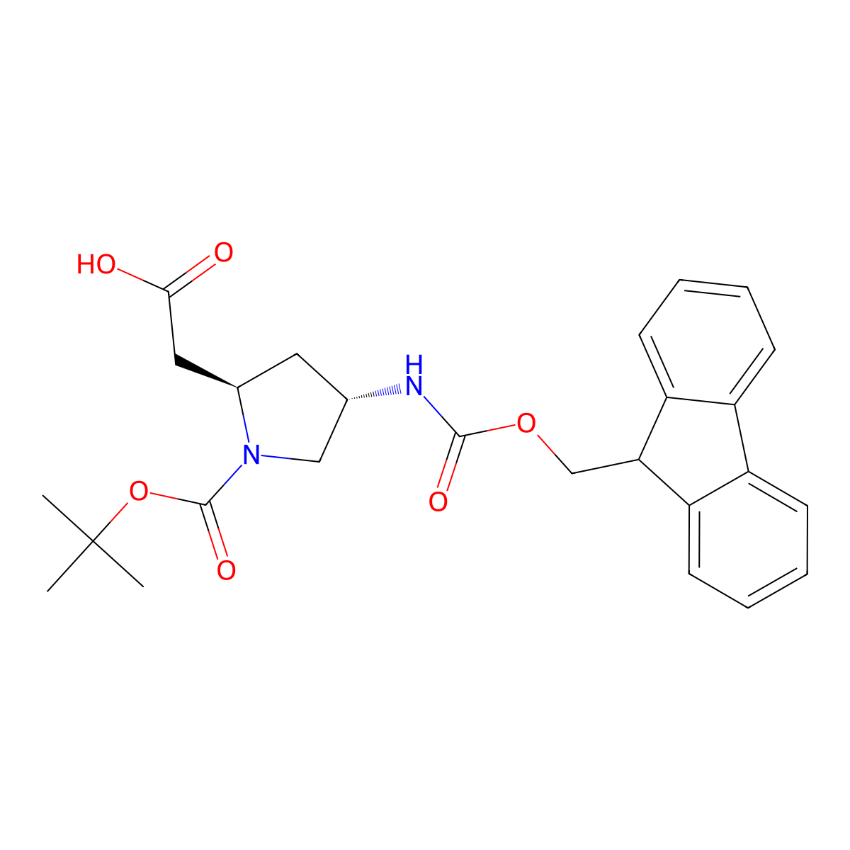 2-[(2R,4S)-1-[(tert-butoxy)carbonyl]-4-({[(9H-fluoren-9-yl)methoxy]carbonyl}amino)pyrrolidin-2-yl]acetic acid molecular structure, CAS 3028133-03-8