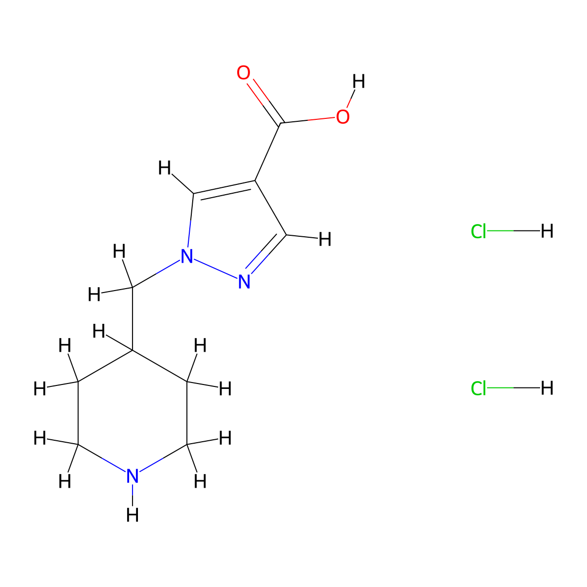 1-[(piperidin-4-yl)methyl]-1H-pyrazole-4-carboxylic acid dihydrochloride molecular structure, CAS 3028163-58-5
