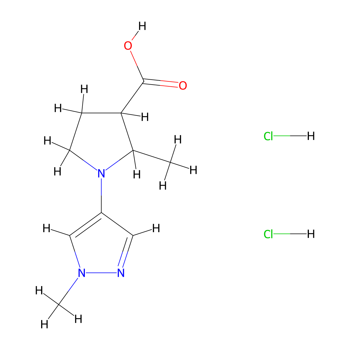 2-methyl-1-(1-methyl-1H-pyrazol-4-yl)pyrrolidine-3-carboxylic acid dihydrochloride molecular structure, CAS 3028163-66-5