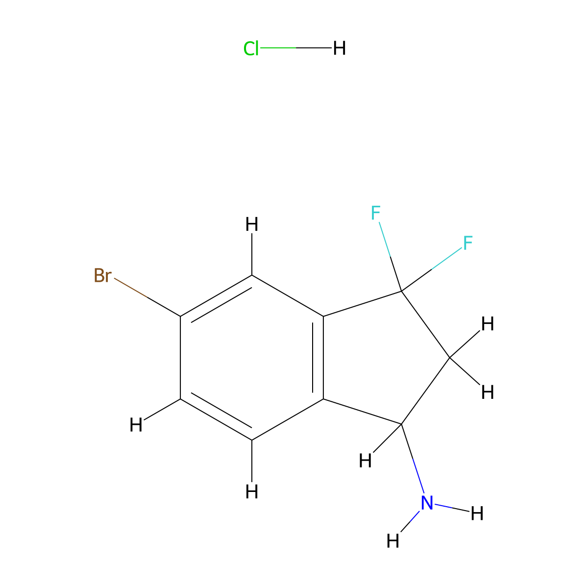 5-Bromo-3,3-difluoro-1,2-dihydroinden-1-amine;hydrochloride molecular structure, CAS 3028163-72-3