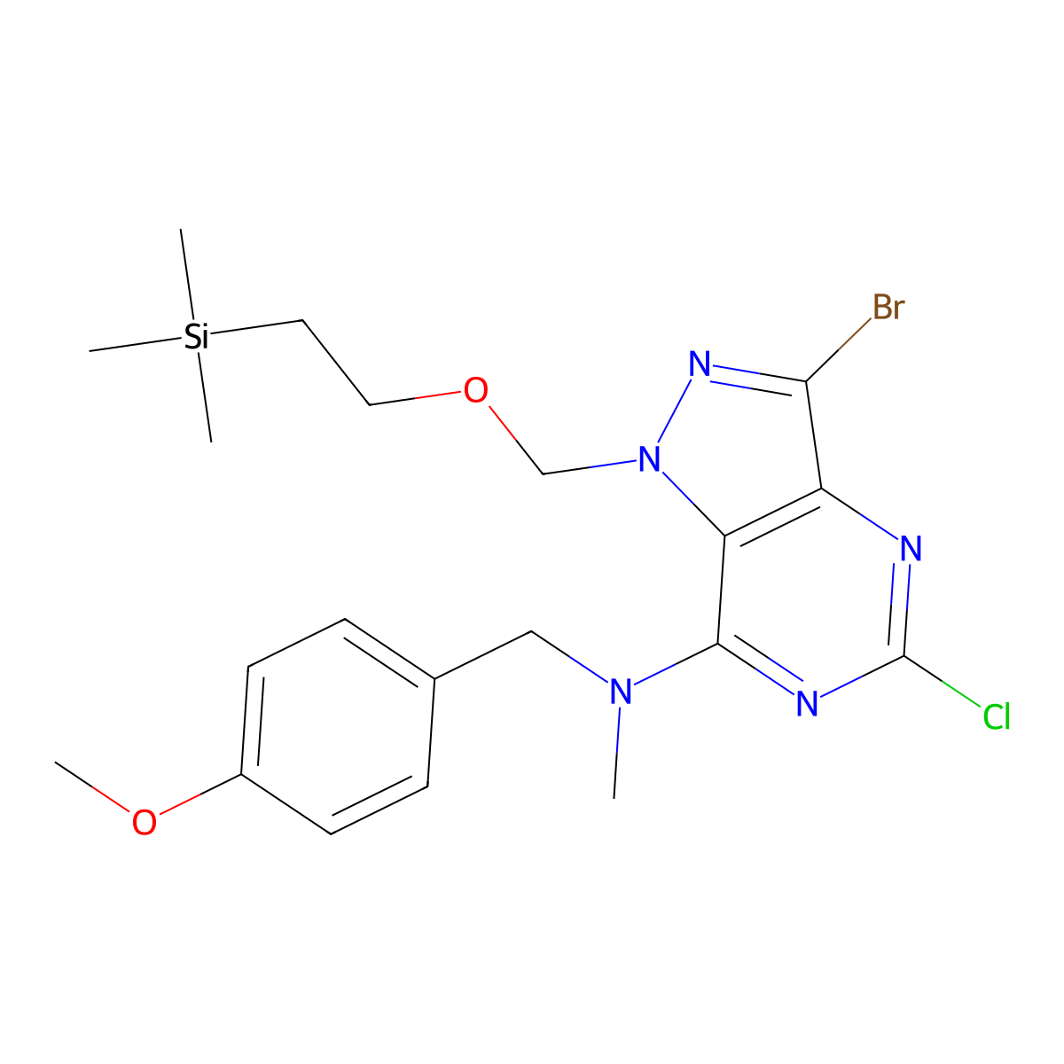 3-bromo-5-chloro-N-[(4-methoxyphenyl)methyl]-N-methyl-1-(2-trimethylsilylethoxymethyl)pyrazolo[4,5-d]pyrimidin-7-amine molecular structure, CAS 3028192-53-9
