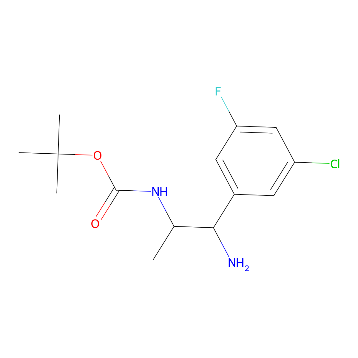 tert-butyl N-[1-amino-1-(3-chloro-5-fluorophenyl)propan-2-yl]carbamate molecular structure, CAS 3028201-04-6