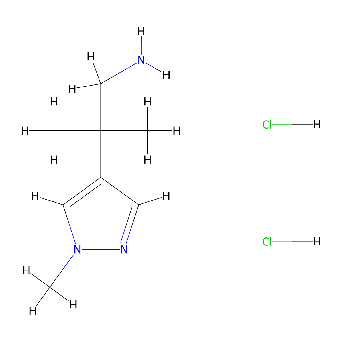 2-methyl-2-(1-methyl-1H-pyrazol-4-yl)propan-1-amine dihydrochloride molecular structure, CAS 3028201-43-3