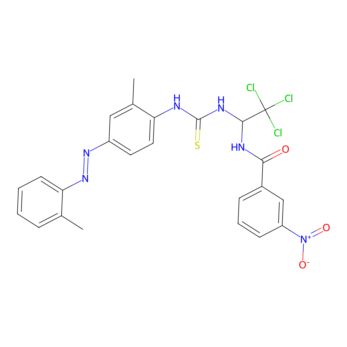 3-nitro-N-{2,2,2-trichloro-1-[({2-methyl-4-[(E)-(2-methylphenyl)diazenyl]phenyl}carbamothioyl)amino]ethyl}benzamide molecular structure, CAS 302821-15-4