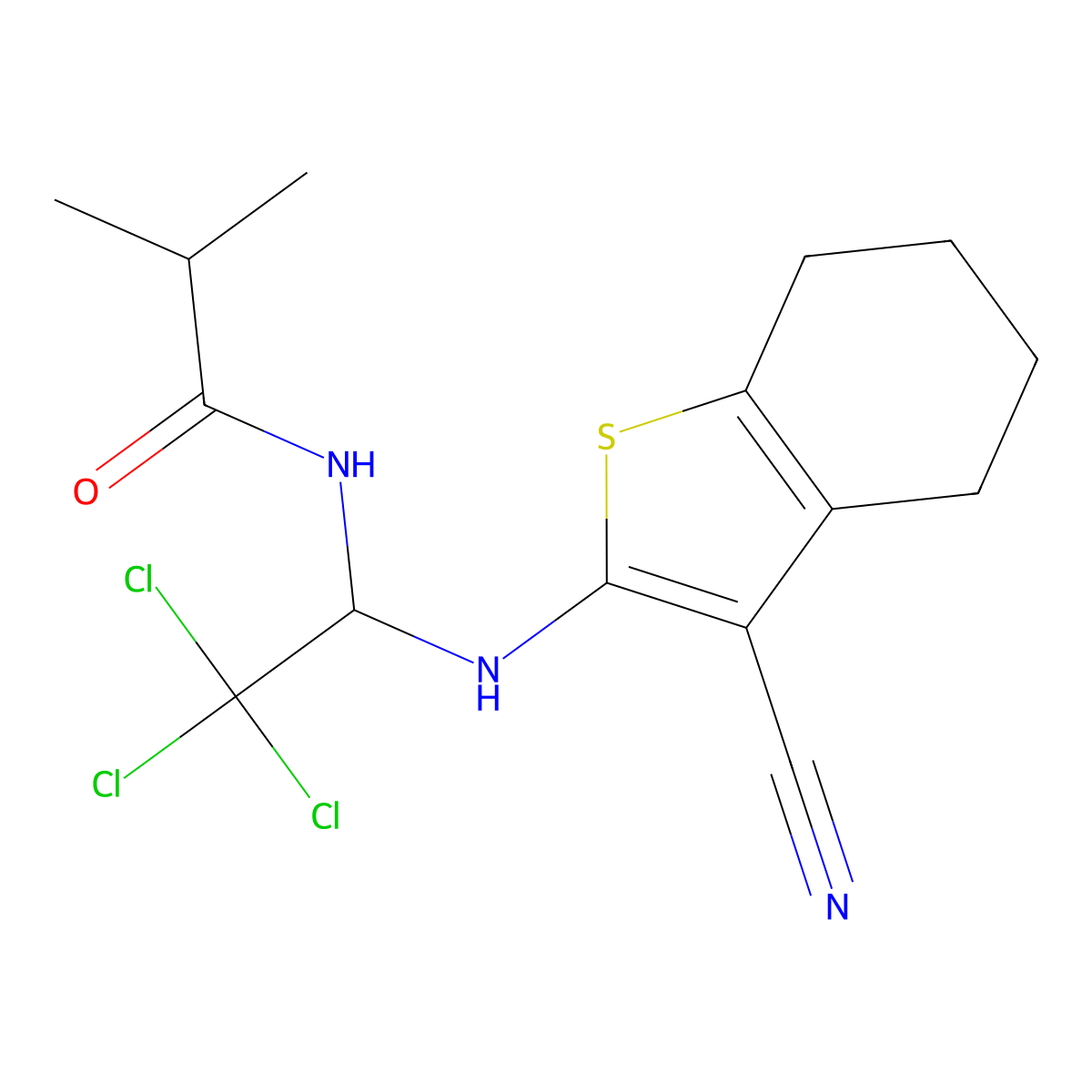 2-methyl-N-{2,2,2-trichloro-1-[(3-cyano-4,5,6,7-tetrahydro-1-benzothiophen-2-yl)amino]ethyl}propanamide molecular structure, CAS 302821-18-7