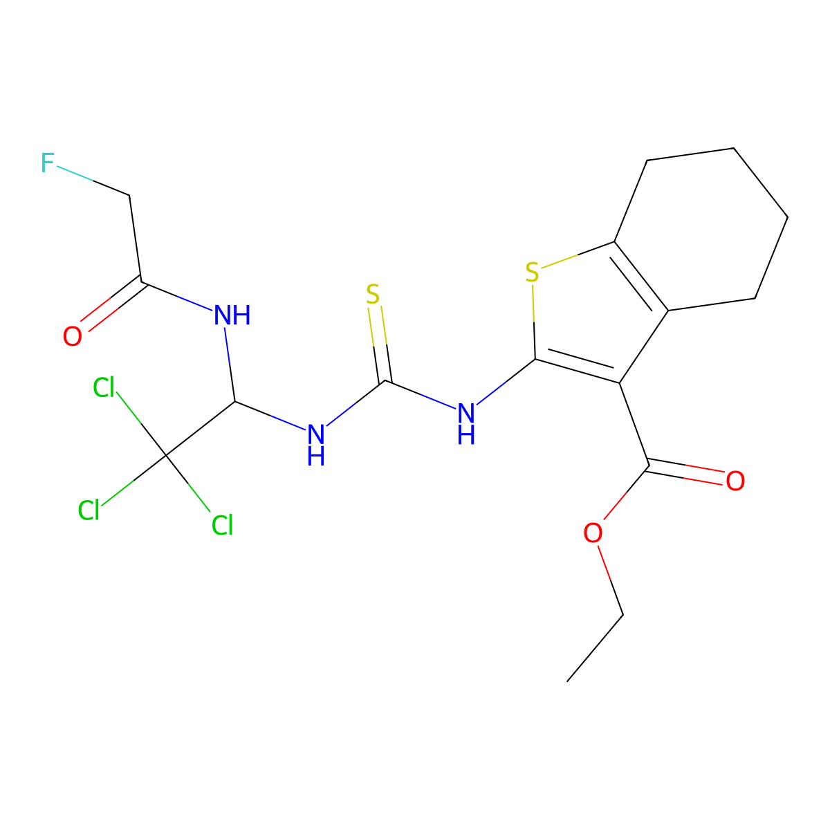 Ethyl 2-[({2,2,2-trichloro-1-[(fluoroacetyl)amino]ethyl}carbamothioyl)amino]-4,5,6,7-tetrahydro-1-benzothiophene-3-carboxylate molecular structure, CAS 302821-22-3