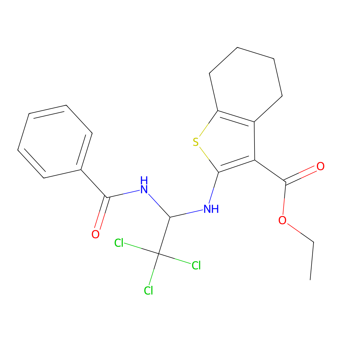 Ethyl 2-((1-benzamido-2,2,2-trichloroethyl)amino)-4,5,6,7-tetrahydrobenzo[b]thiophene-3-carboxylate molecular structure, CAS 302821-23-4