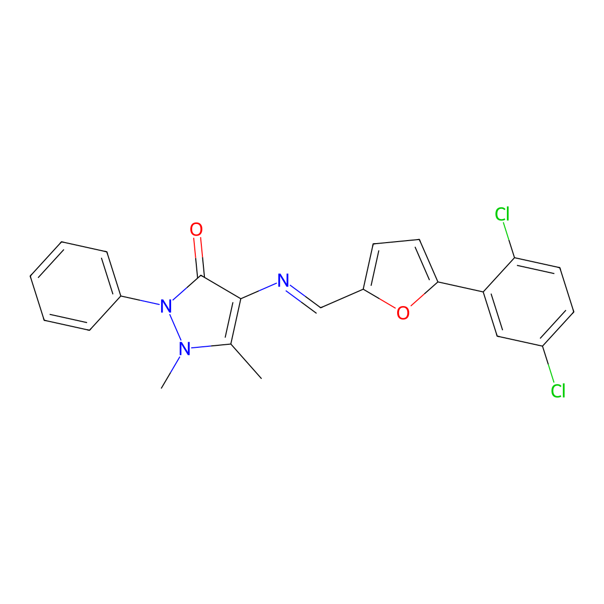4-({(E)-[5-(2,5-dichlorophenyl)furan-2-yl]methylidene}amino)-1,5-dimethyl-2-phenyl-1,2-dihydro-3H-pyrazol-3-one molecular structure, CAS 302821-54-1