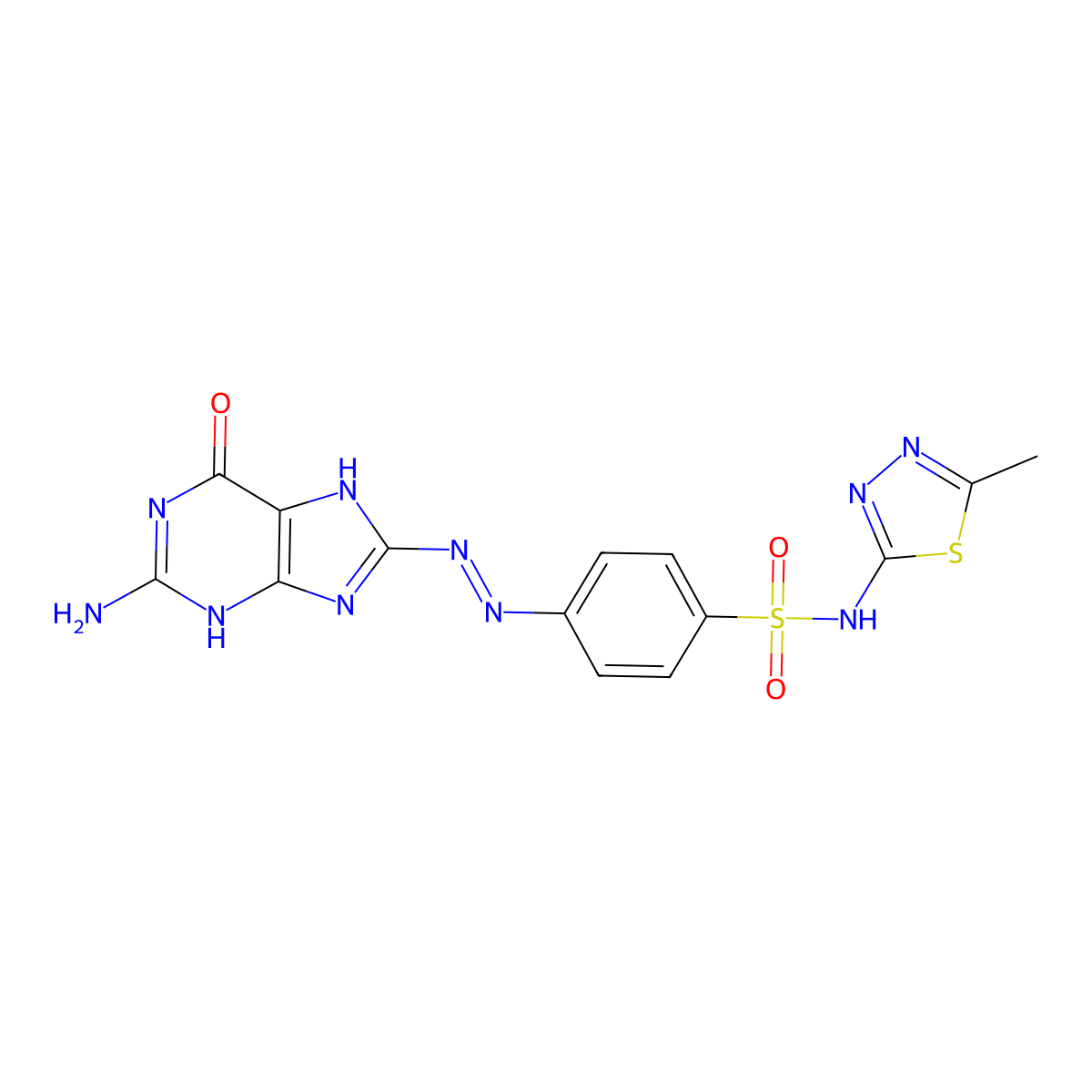 4-[(1E)-2-(2-amino-6-oxo-6,7-dihydro-3H-purin-8-yl)diazen-1-yl]-N-(5-methyl-1,3,4-thiadiazol-2-yl)benzene-1-sulfonamide molecular structure, CAS 3028213-85-3