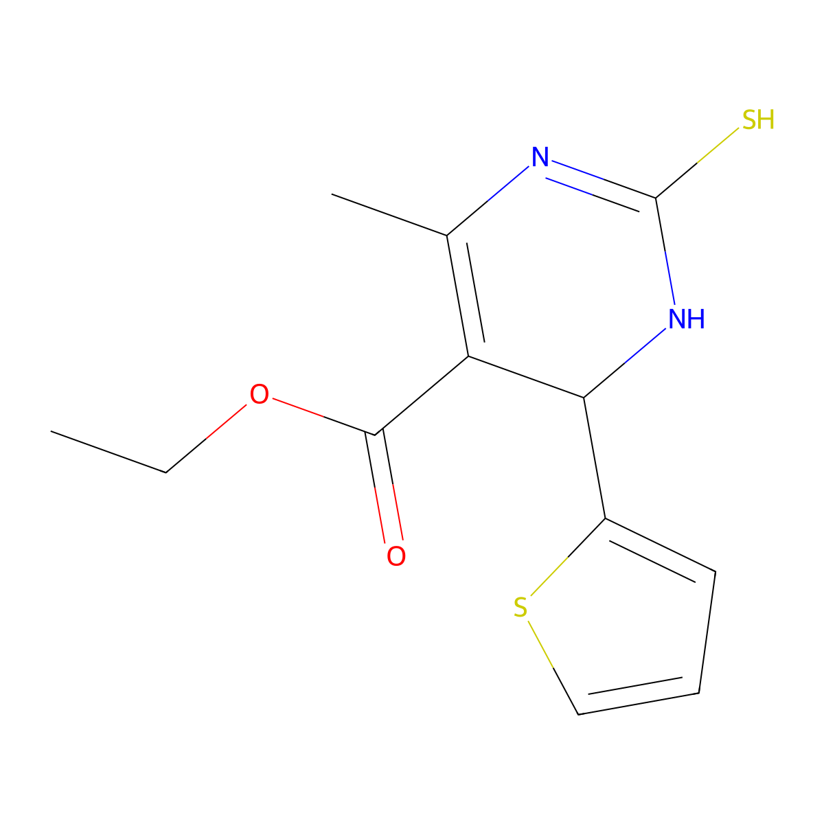 Ethyl 4-methyl-2-sulfanyl-6-(thiophen-2-yl)-1,6-dihydropyrimidine-5-carboxylate molecular structure, CAS 302822-05-5