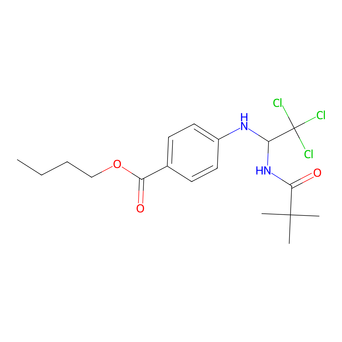 Butyl 4-{[2,2,2-trichloro-1-(2,2-dimethylpropanamido)ethyl]amino}benzoate molecular structure, CAS 302822-13-5