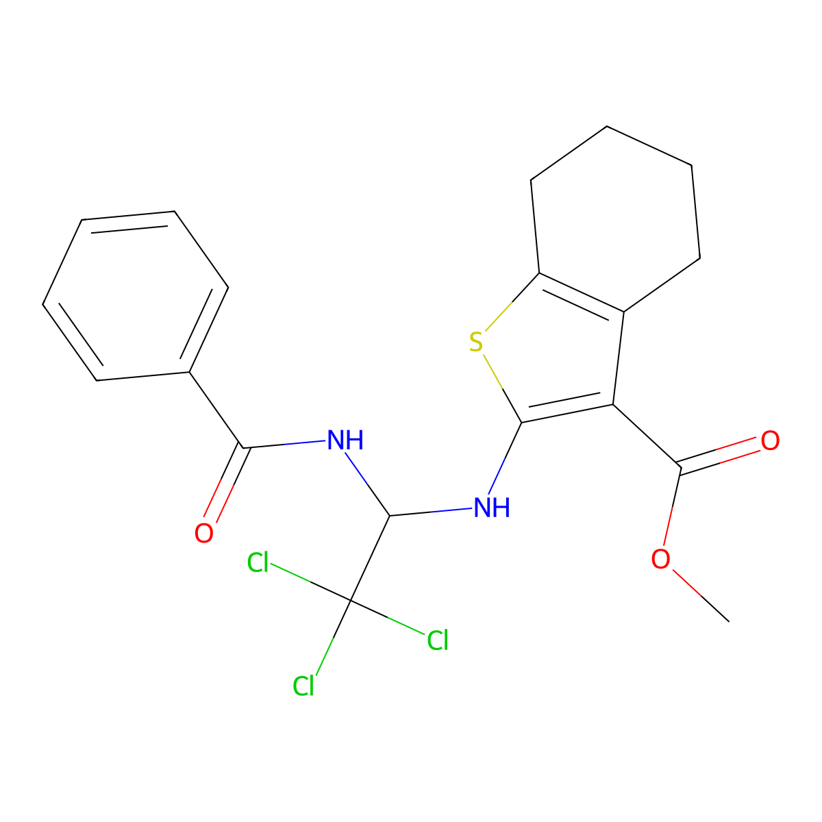 Methyl 2-[(1-benzamido-2,2,2-trichloroethyl)amino]-4,5,6,7-tetrahydro-1-benzothiophene-3-carboxylate molecular structure, CAS 302822-20-4