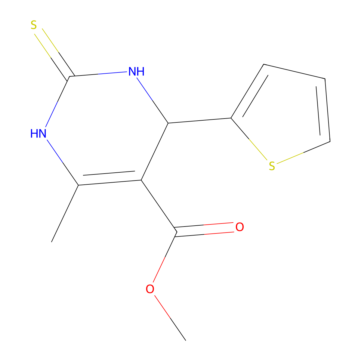 Methyl 6-methyl-4-(thiophen-2-yl)-2-thioxo-1,2,3,4-tetrahydropyrimidine-5-carboxylate molecular structure, CAS 302822-24-8