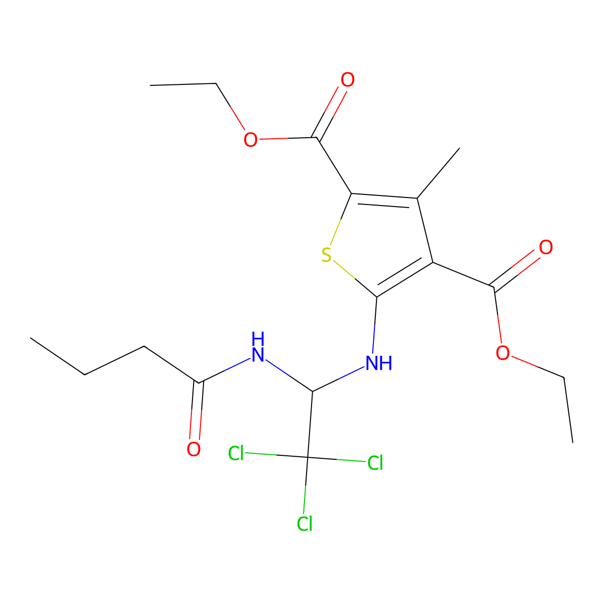 Diethyl 5-((1-butyramido-2,2,2-trichloroethyl)amino)-3-methylthiophene-2,4-dicarboxylate molecular structure, CAS 302822-32-8