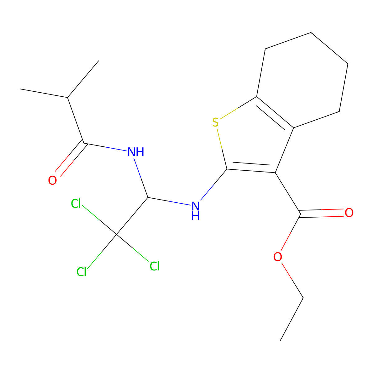 Ethyl 2-((2,2,2-trichloro-1-isobutyramidoethyl)amino)-4,5,6,7-tetrahydrobenzo[b]thiophene-3-carboxylate molecular structure, CAS 302823-72-9